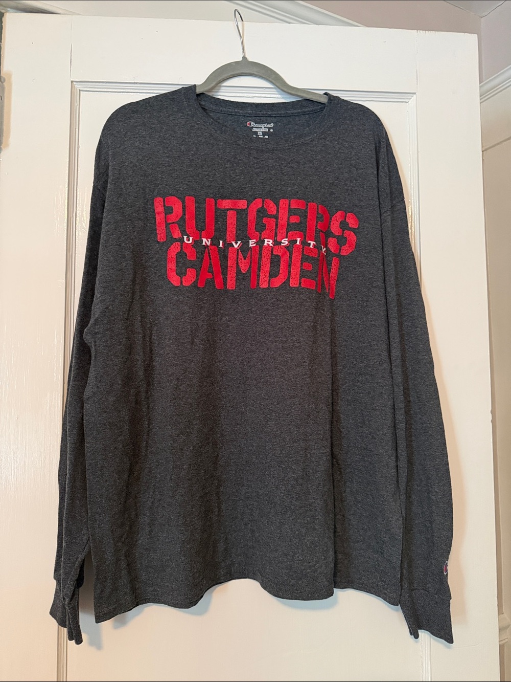 Champion Dark Gray Long Sleeve Tee with Red Rutgers Camden Graphic